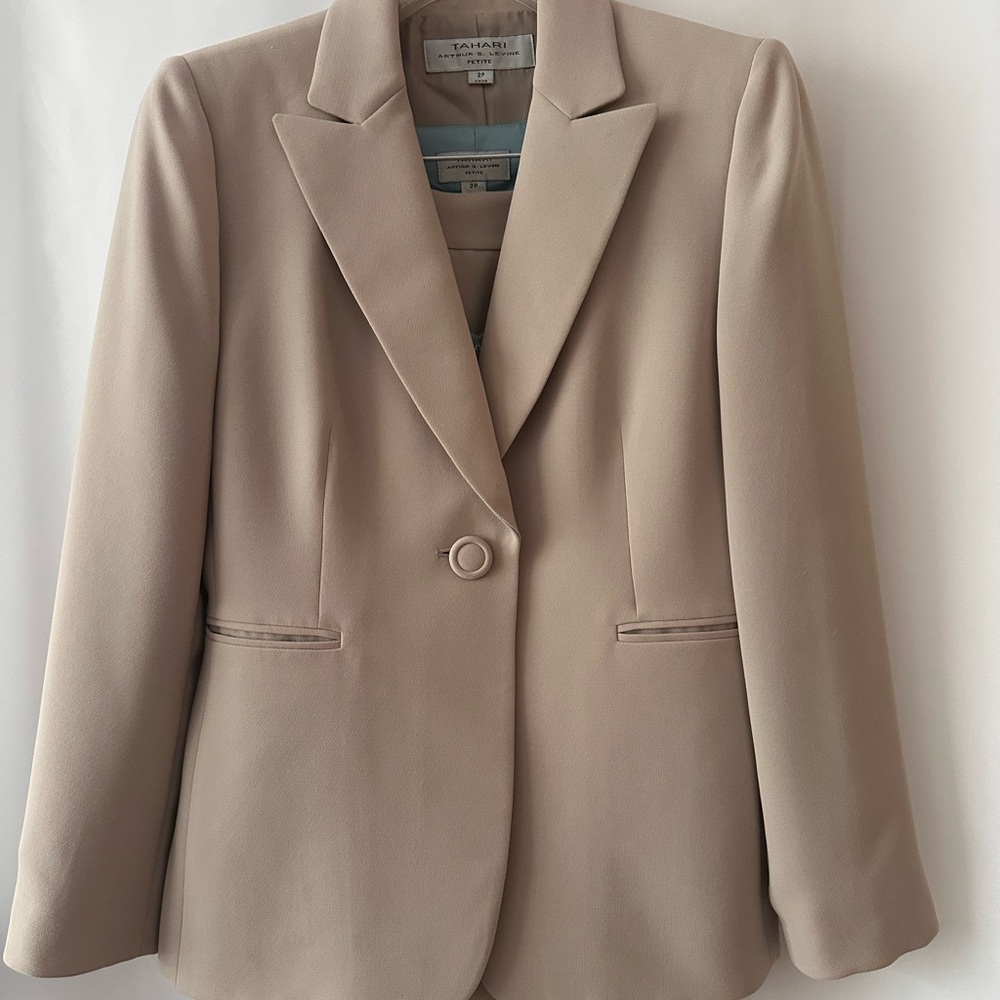 Tahari Tan Classic Tailored Suit with a silk shell